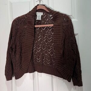 White Stag Open Knit Cardigan Womens M Warm Chocolate Brown 3/4 Sleeve Sweater